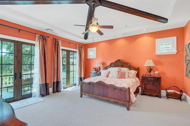 carpeted bedroom with french doors, access to outside, and ceiling fan