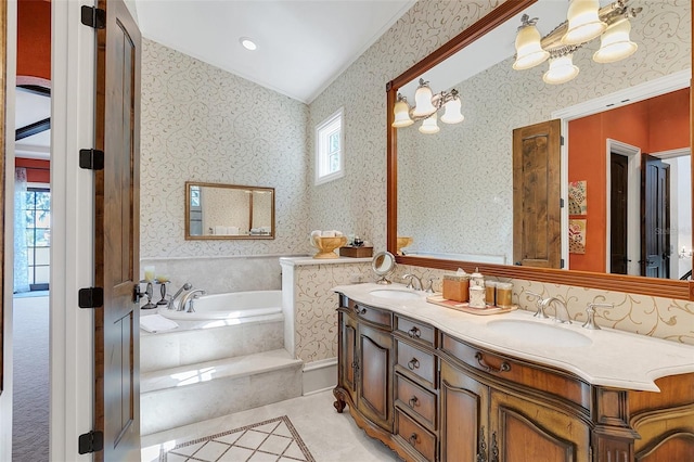 bathroom with tile patterned flooring, vanity, a relaxing tiled tub, and ornamental molding