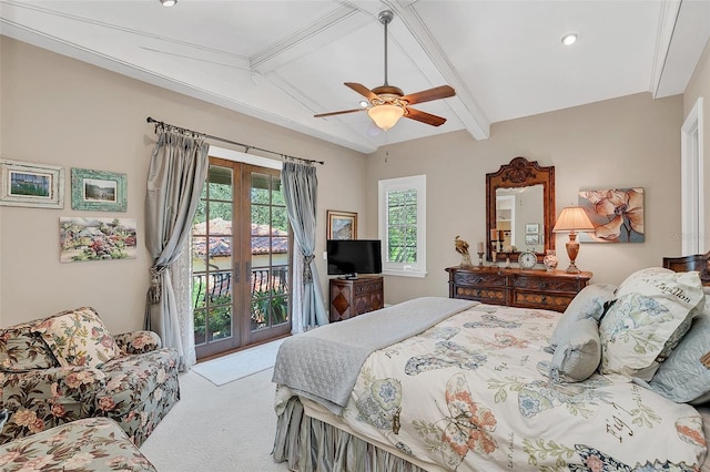 bedroom with french doors, access to outside, light colored carpet, ceiling fan, and beam ceiling