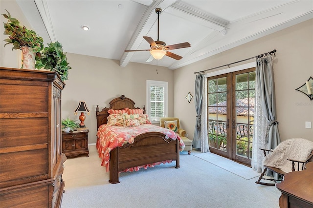 carpeted bedroom with french doors, access to outside, ceiling fan, and beam ceiling