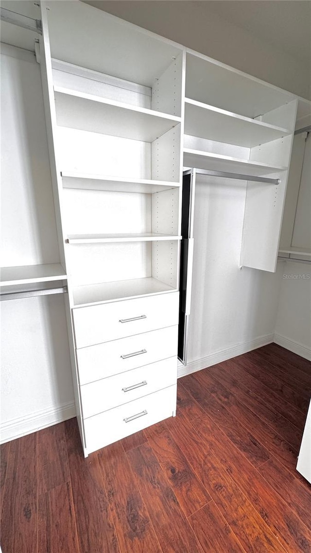 walk in closet with dark wood-type flooring