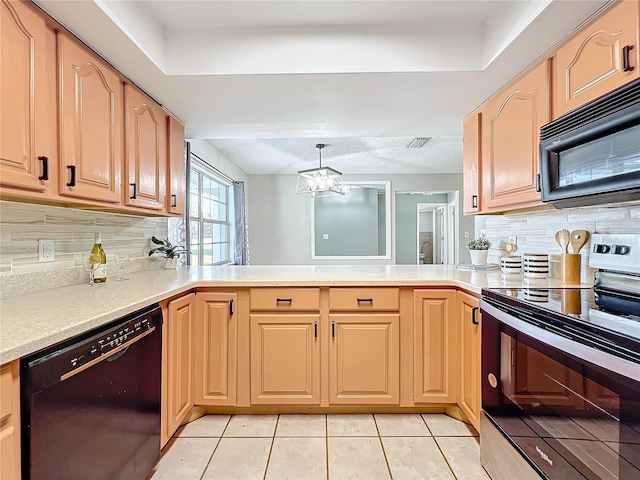 kitchen featuring pendant lighting, light brown cabinets, black appliances, and an inviting chandelier