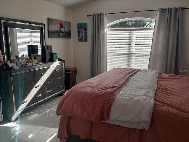 bedroom featuring lofted ceiling and multiple windows