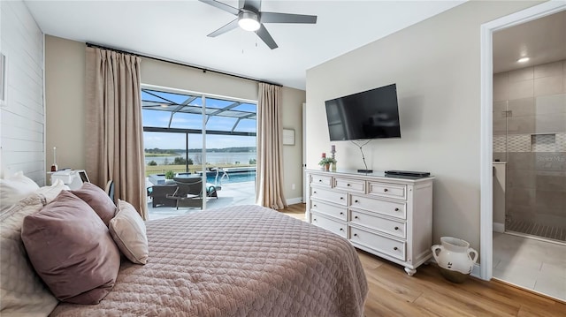 bedroom with ceiling fan, access to outside, light hardwood / wood-style flooring, and ensuite bathroom