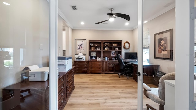 office area featuring ornamental molding, ceiling fan, and light hardwood / wood-style floors