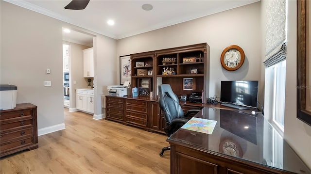 office area with ceiling fan and light wood-type flooring