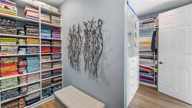 walk in closet with light wood-type flooring