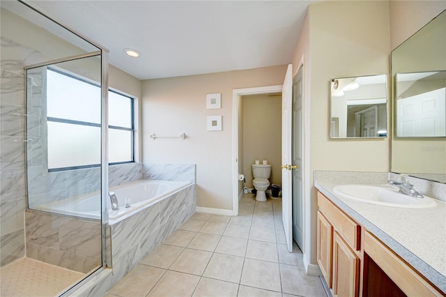 full bathroom featuring tile patterned floors, toilet, vanity, and plus walk in shower