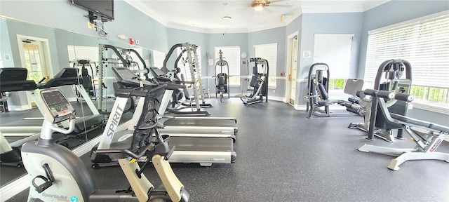 exercise room with ornamental molding