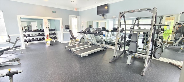 exercise room featuring ornamental molding