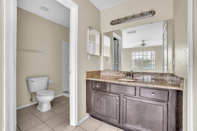 bathroom featuring ceiling fan, vanity, tile patterned floors, and toilet