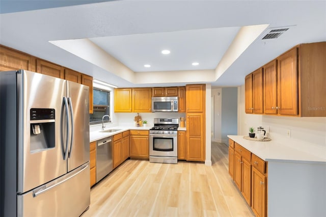 kitchen with sink, appliances with stainless steel finishes, a raised ceiling, and light wood-type flooring