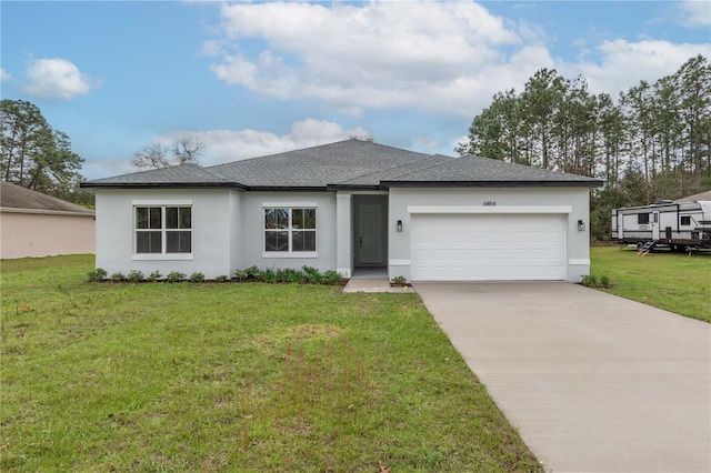 view of front of house with an attached garage, concrete driveway, roof with shingles, stucco siding, and a front yard