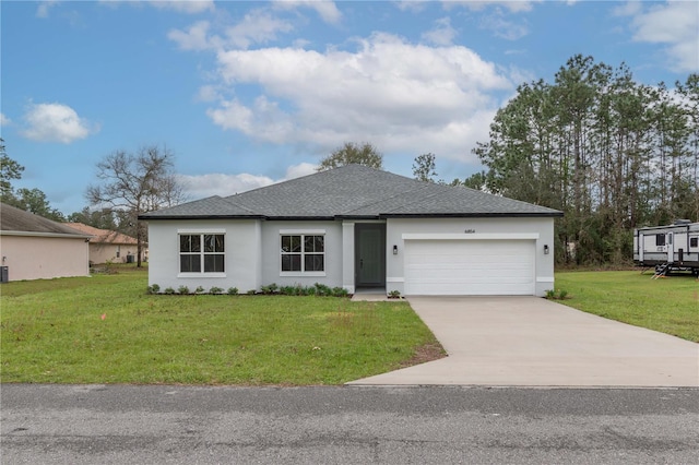 view of front facade with a garage, driveway, roof with shingles, stucco siding, and a front yard