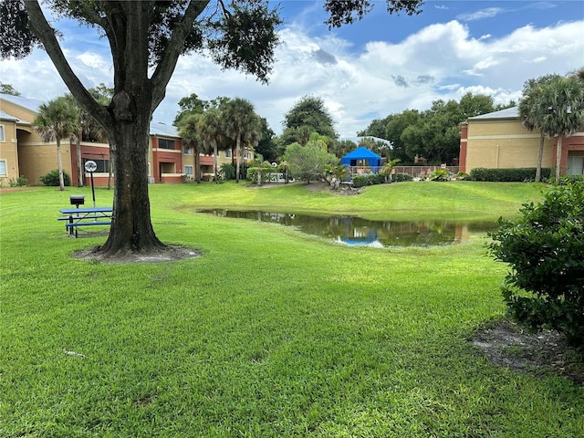 view of home's community with a yard and a water view