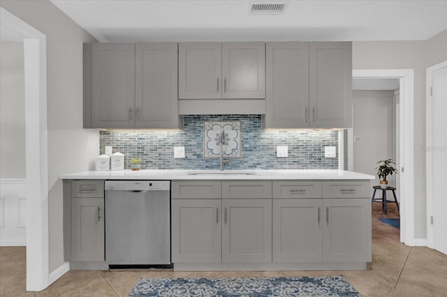 kitchen featuring sink, decorative backsplash, dishwasher, and gray cabinetry