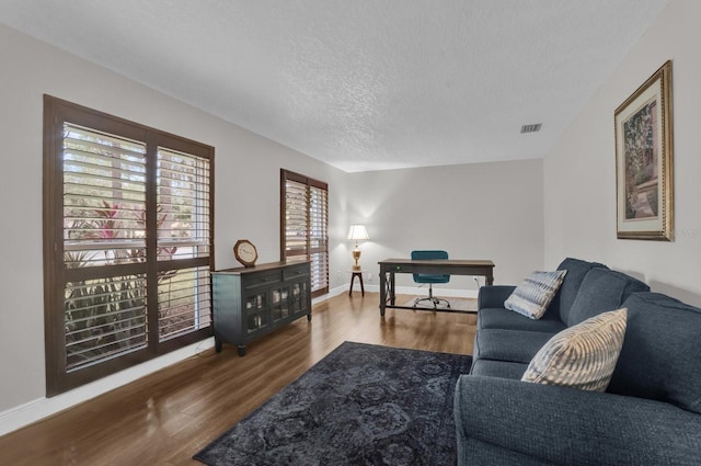 living room with wood-type flooring and a textured ceiling