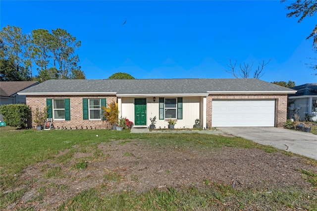 ranch-style house with a garage and a front lawn