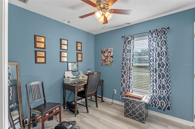 office featuring ceiling fan and light hardwood / wood-style flooring