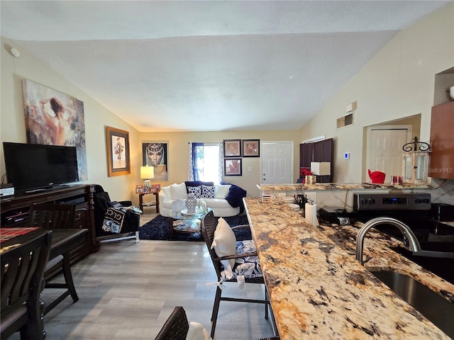 living room with vaulted ceiling and sink