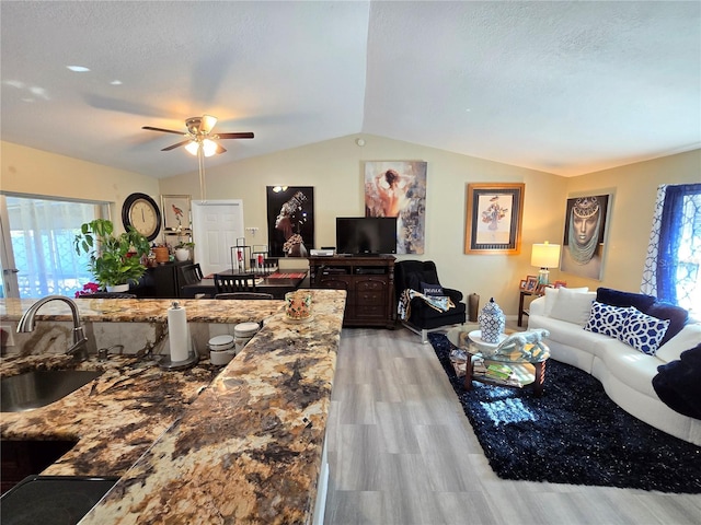 living room featuring a textured ceiling, sink, light hardwood / wood-style floors, plenty of natural light, and lofted ceiling