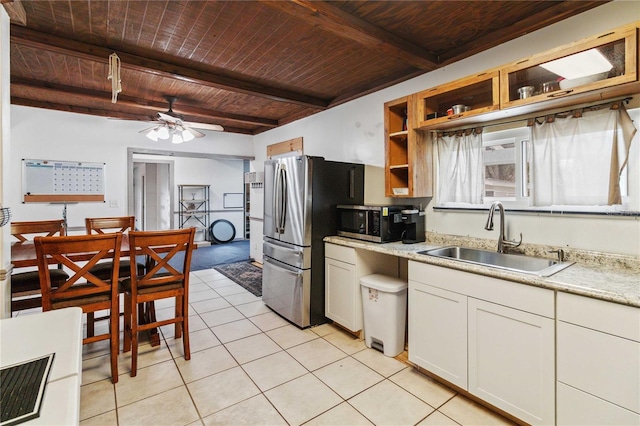 kitchen featuring stainless steel appliances, a sink, wood ceiling, white cabinetry, and beamed ceiling