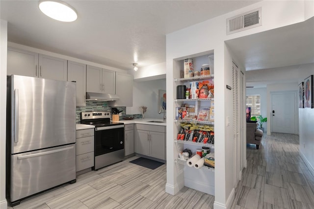 kitchen with tasteful backsplash, gray cabinets, sink, and stainless steel appliances