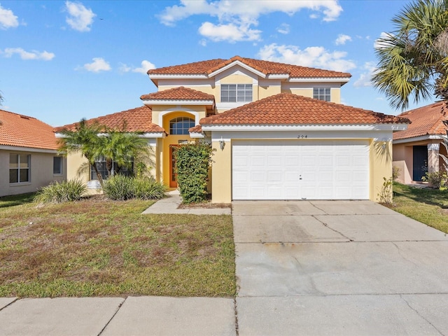 mediterranean / spanish home with a garage and a front lawn