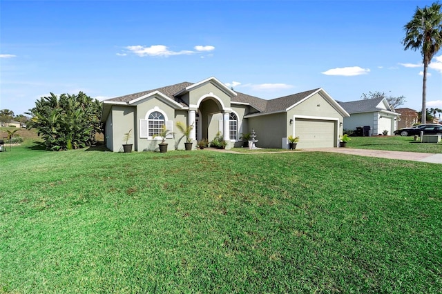 ranch-style home featuring a garage and a front lawn