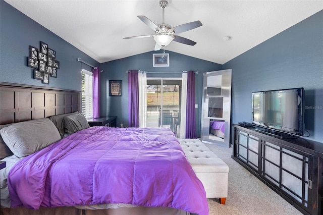 carpeted bedroom featuring access to outside, vaulted ceiling, and ceiling fan