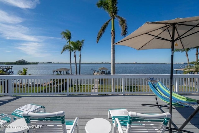 wooden deck with a water view