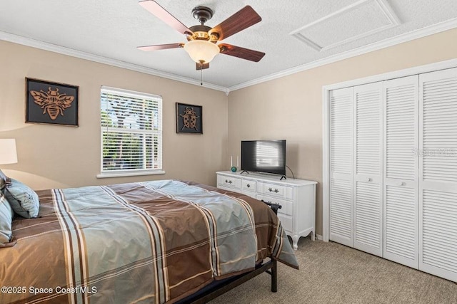 carpeted bedroom with ceiling fan, ornamental molding, a textured ceiling, and a closet