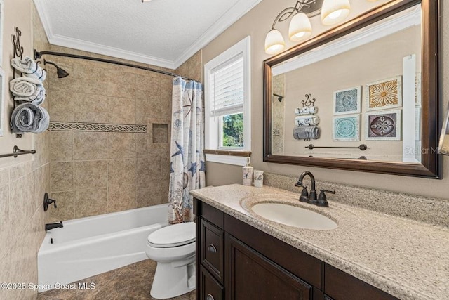 full bathroom with shower / bath combination with curtain, vanity, a textured ceiling, crown molding, and toilet