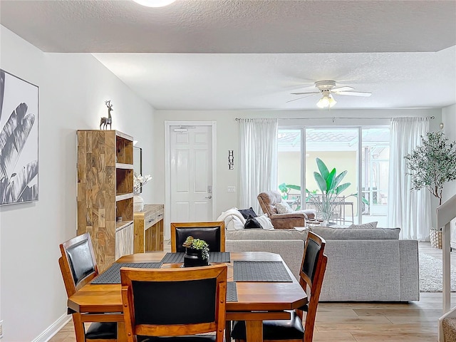 dining room with ceiling fan, light wood-type flooring, and a textured ceiling