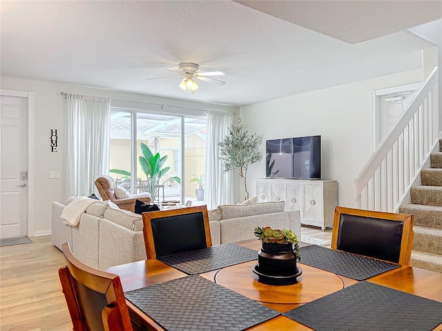 dining space with ceiling fan, light hardwood / wood-style floors, and a textured ceiling