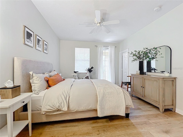 bedroom featuring ceiling fan and light wood-type flooring