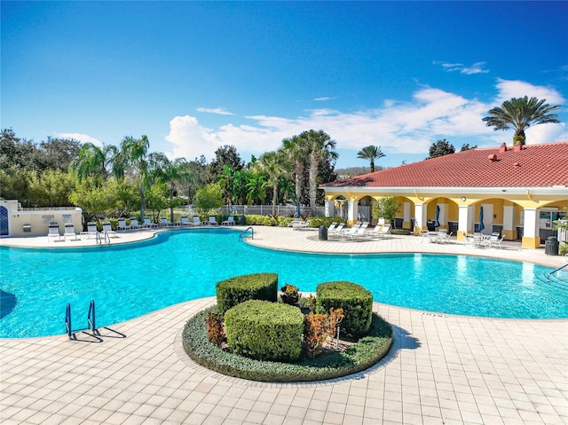 view of swimming pool featuring a patio area