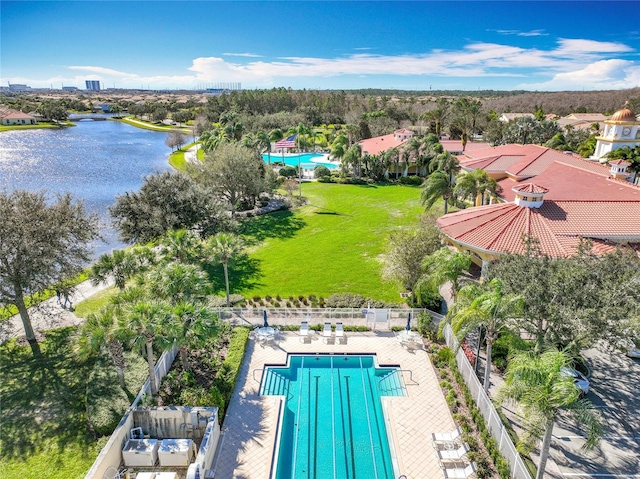 birds eye view of property featuring a water view