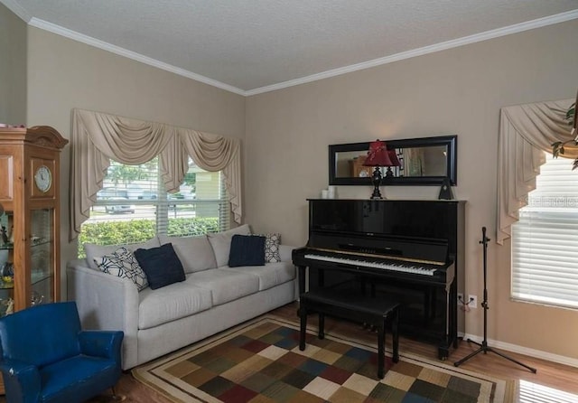 living room featuring hardwood / wood-style flooring, crown molding, and a textured ceiling