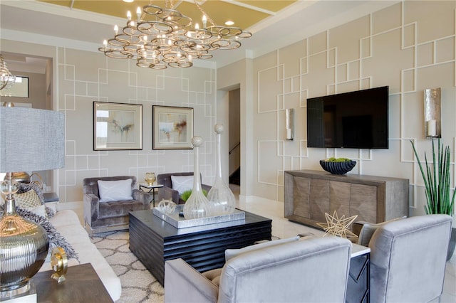 living room with tile walls and an inviting chandelier