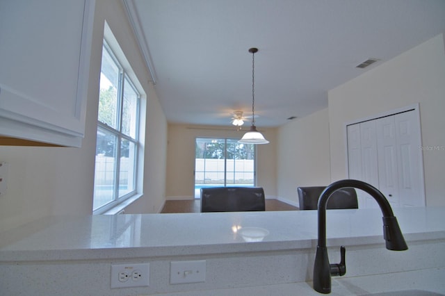 kitchen with hanging light fixtures, a healthy amount of sunlight, and light stone counters