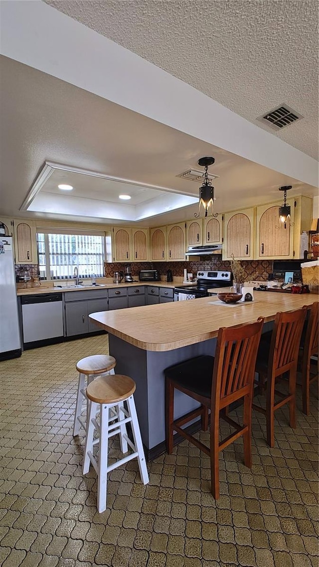 kitchen with sink, a raised ceiling, a textured ceiling, a kitchen bar, and appliances with stainless steel finishes