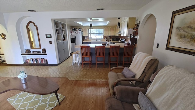 living room featuring sink, hardwood / wood-style floors, and a textured ceiling