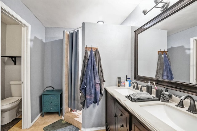 bathroom featuring curtained shower, toilet, and vanity