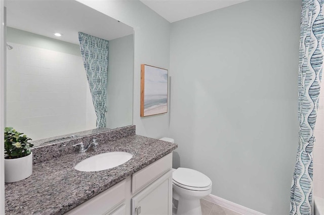 bathroom with tile patterned flooring, vanity, toilet, and a shower with shower curtain