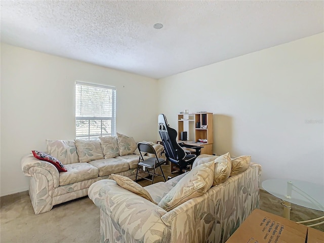 carpeted living room featuring a textured ceiling