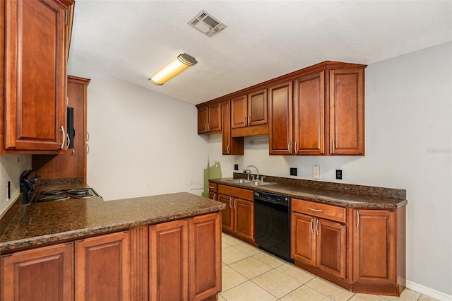 kitchen with light tile patterned flooring, black dishwasher, kitchen peninsula, and sink