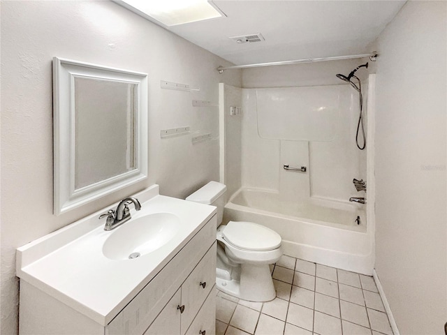 full bathroom with toilet, vanity, shower / bath combination, and tile patterned floors