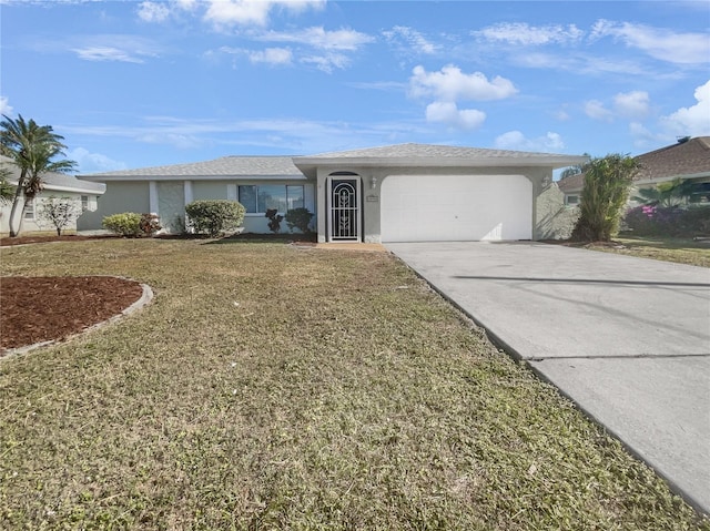 single story home featuring a front lawn and a garage