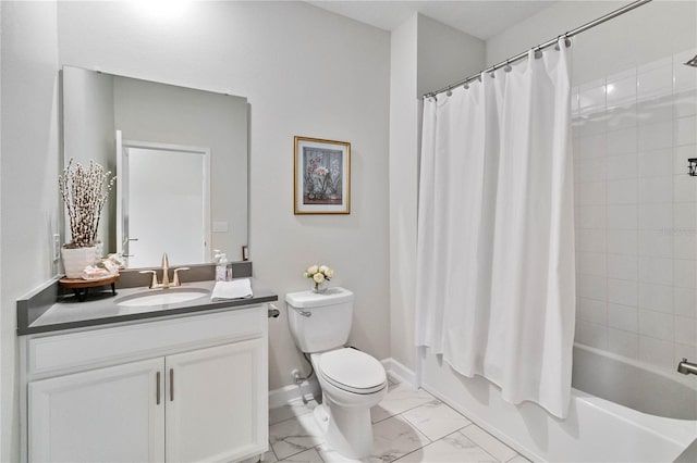 full bathroom featuring vanity, shower / bath combo, and toilet